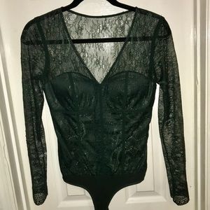NWOT!! Bebe Bodysuit - Dark Green Lace Long Sleeve